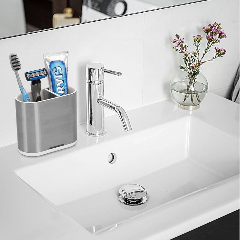 Chintu Toothbrush and Toothpaste Holder with Divider for Bathroom Countertop Organizer, 2 Slots Electric Toothbrush Holders Storage Caddy Drainage for Family, Kids (Brushed Silver) - Image 2